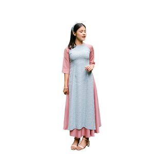 7394 Mom And Daughter Blue Hoa Matching Ao Dai Skirt Set